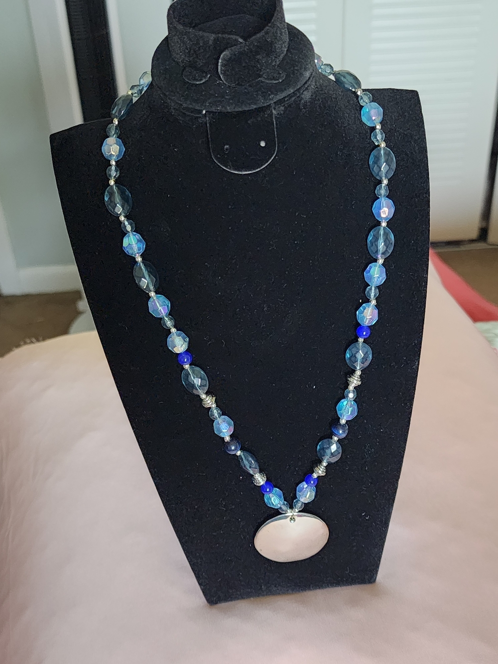 Blue Glass Beaded Necklace. Round silver metal Pendant, Adjustable Lobster Clasp